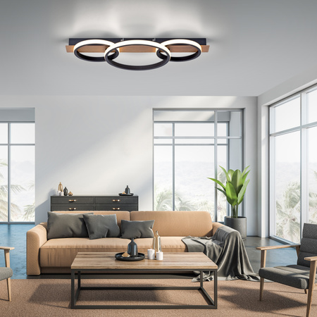 Lampa sufitowa trzy czarne ringi na drewnianej podstawie TROOPER LED 3000K Just Light  15616-78