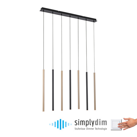 Lampa wisząca siedem cienkich tub MATOWY MOSIĄDZ/CZARNY LED 3000K FLUTE Paul Neuhaus 2117-18 z wbudowanym ściemniaczem
