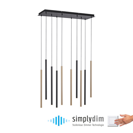 Lampa wisząca 10 cienkich tub MATOWY MOSIĄDZ/CZARNY LED 3000K FLUTE Paul Neuhaus 2110-18 z wbudowanym ściemniaczem