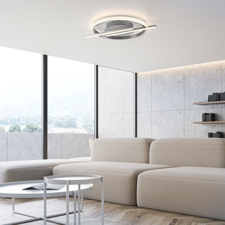 Lampa sufitowa srebrna – geometryczny okrąg z linią świetlną KORSA LED 3000K z funkcją ściemniania SimplyDim Just Light 14130-55