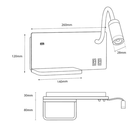 Kinkiet, lampa nocna ścienna z półką i USB Shelf Led 4W+5W+2W prawa Czarny Milagro ML2887