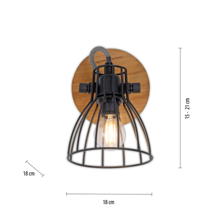 Kinkiet industrialny z drewnem i metalową klatką – styl loft TARO 1xE14 Just Light 15117-18 