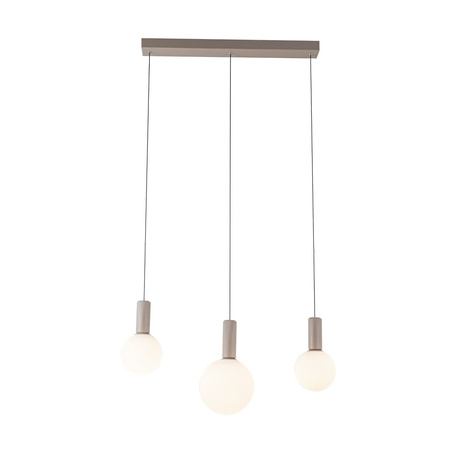Lampa wisząca beżowa trzy białe klosze o różnych wielkościach na belce TESTA 3xG9 Candellux Studio 33-51110