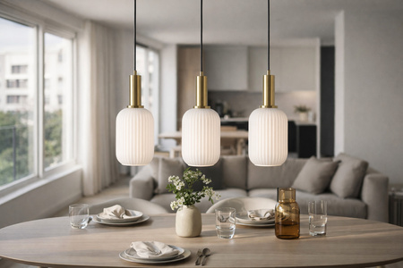 Potrójna lampa wisząca z białymi, smukłymi kloszami FIORE Kaja Lighting K-5881