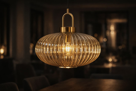Czarna lampa wisząca z ryflowanym kloszem ufo K-5855 z serii AKARI Kaja Lighting