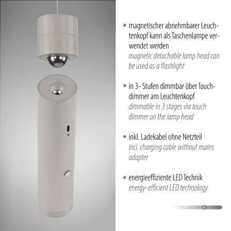 Lampa wisząca tuba szara bezprzewodowa akumulatorowa ładowana USB ATTACH Just Light 18281-40