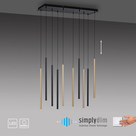 Lampa wisząca 10 cienkich tub MATOWY MOSIĄDZ/CZARNY LED 3000K FLUTE Paul Neuhaus 2110-18 z wbudowanym ściemniaczem