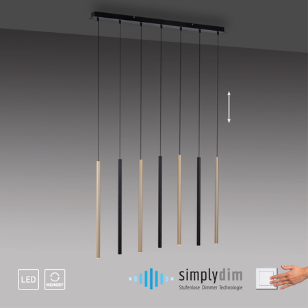 Lampa wisząca siedem cienkich tub MATOWY MOSIĄDZ/CZARNY LED 3000K FLUTE Paul Neuhaus 2117-18 z wbudowanym ściemniaczem