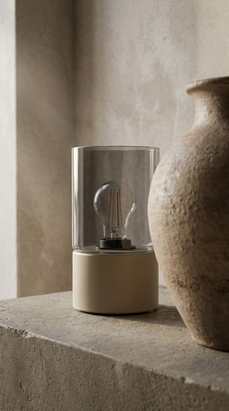 Beżowa lampka stołowa na komodę, cylindryczny klosz DEX Kaja Lighting K-6055