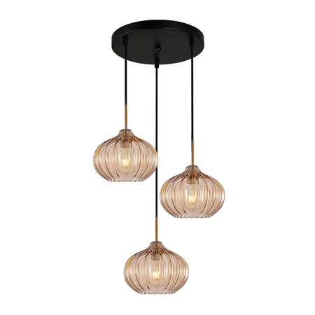 Potrójna lampa wisząca na kole z bursztynowymi kloszami 3xE27 Pansol Italux PND-2940-3AS-BRO-AMB