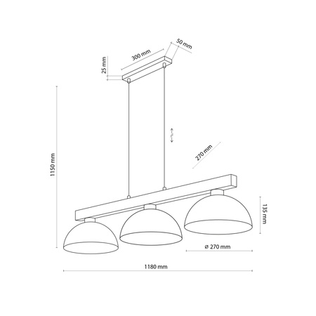 Lampa wisząca z trzema metalowymi kloszami na drewnianym stelarzu  OSLO SABIA 3xE27 Tk Lighting 11012