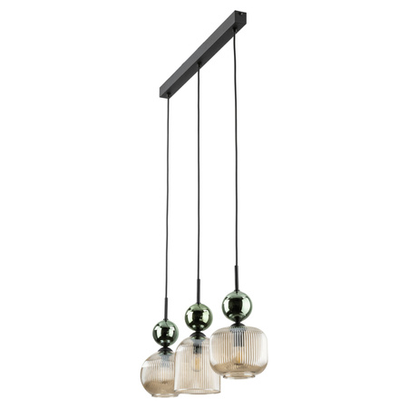 Lampa wisząca listwa potrójna z ryflowanymi koniakowymi kloszami i zielonymi kulami SOPHIA GREEN COGNAC 3xE14 Tk Lighting 11147