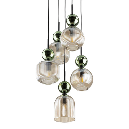 Lampa wisząca pięciozwisowa z ryflowanymi koniakowymi kloszami i zielonymi kulami SOPHIA GREEN COGNAC 5xE14 Tk Lighting 11149