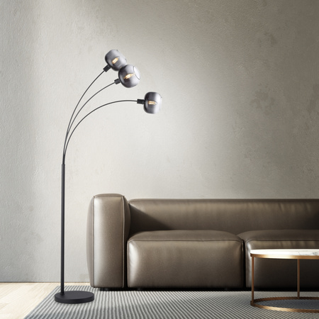Lampa podłogowa czarna w kształcie łuku trzy dymione szklane klosze ZEA Just LIght 15422-18