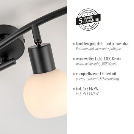 Poczwórna czarna listwa sufitowa szklane klosze LOKI 4xE14 Just Light 12154-18