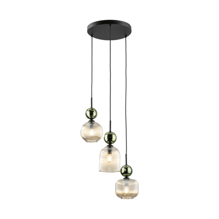 Lampa wisząca potrójna na kole z ryflowanymi koniakowymi kloszami i zielonymi kulami SOPHIA GREEN COGNAC 3xE14 Tk Lighting 11148