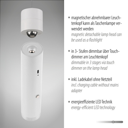 Lampa wisząca tuba biała bezprzewodowa akumulatorowa ładowana USB ATTACH Just Light 18281-16
