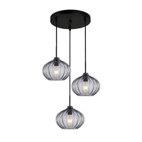 Potrójna lampa wisząca z dymionymi szklanymi kloszami 3xE27 Pansol Italux PND-2940-3AS-BK-SG2