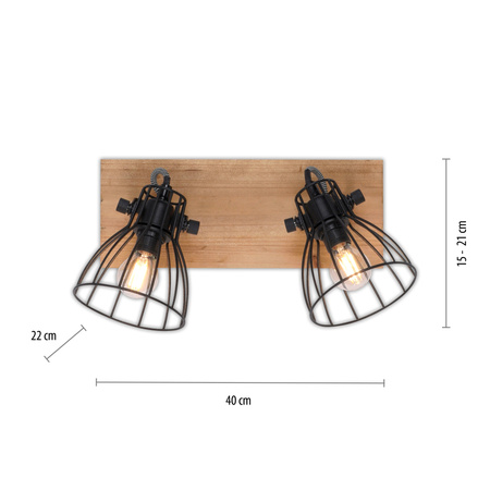 Lampa sufitowa industrialna 2-punktowa czarna z drewnem – regulowane druciane klosze TARO 2xE14 Just Light 15118-18