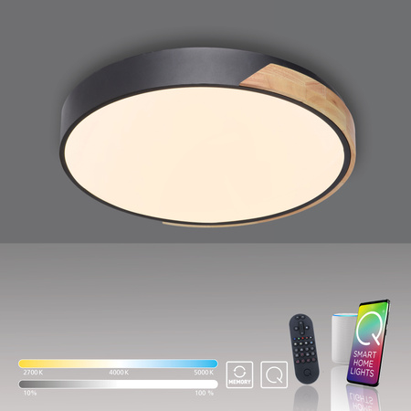 Czarny okragły plafon z imitacją drewna 52cm sterowany pilotem i smartfonem Q-BILA Paul Neuhaus 6071-18