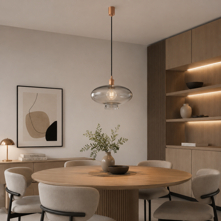 Lampa wisząca w kolorze miedzianym szklany dymiony klosz o średnicy 30cm TRESCO Argon 8981