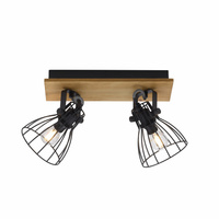 Lampa sufitowa industrialna 2-punktowa czarna z drewnem – regulowane druciane klosze TARO 2xE14 Just Light 15118-18