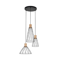LAMPA WISZACA 3 KOŁO metalowa, czarna z detalami MODESTO WOOD SOSNA TK Lighting 10188