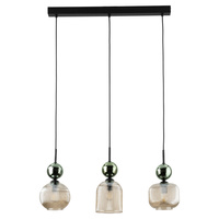 Lampa wisząca listwa potrójna z ryflowanymi koniakowymi kloszami i zielonymi kulami SOPHIA GREEN COGNAC 3xE14 Tk Lighting 11147