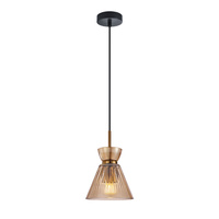 Lampa wisząca pojedyńcza z kloszem stożkowym ryflowanym  w kolorze bursztynowym o średnicy 15,5cm 1xE27 Balme Italux PND-3627-1-BRO-AMB