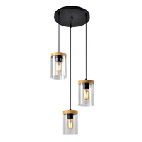 WELS LAMPA WISZĄCA TALERZ CZARNY+DREWNIANY 3X40 E27 KLOSZ DYMIONY Candellux 33-22011